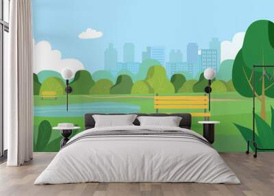 Landscape in city park .  Bench and lake. Vector flat style Illustration. Wall mural