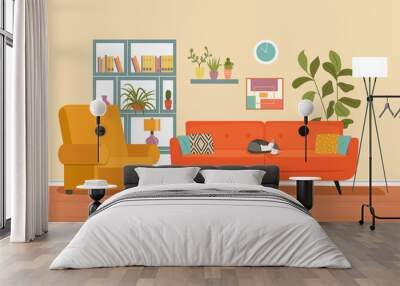 Living room interior. Comfortable sofa,  bookcase, chair and house plants. Vector flat illustration Wall mural