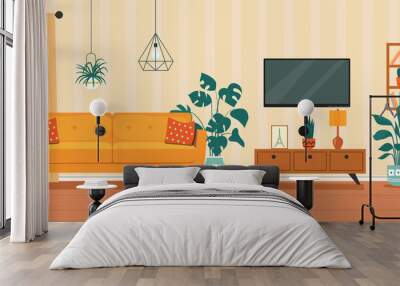 Living room interior. Comfortable sofa, TV,  window, chair and house plants. Vector flat style illustration Wall mural