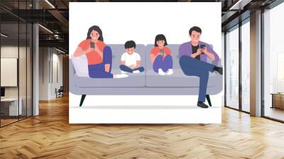 Mother and father with children sitting on the sofa with smartphones. Vector flat illustration Wall mural