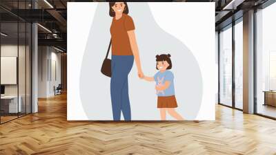 Mother holds her daughter hand. Isolated vector cartoon flat style illustration Wall mural