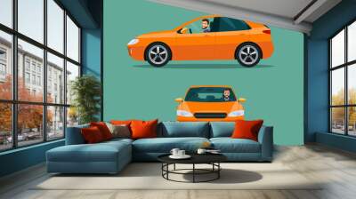 Orange hatchback car two angle set. Car with driver man side view Wall mural