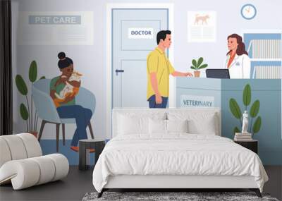 Pet veterinary clinic. Man with dog  on reception in veterinary clinic.  Woman with cat on the chair. Vector flat cartoon illustration Wall mural