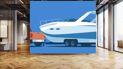 Pickup truck transports a boat on a trailer. Vector illustration. Wall mural