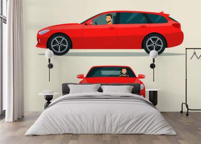 Red station wagon car two angle set. Car with driver man side view. Vector flat style illustration. Wall mural