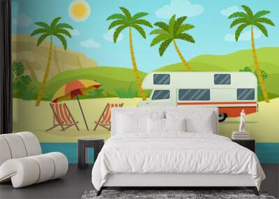 Retro camper car trailers caravan and two deck chairs on the beach. Tropical landscape with palm trees, ocean and mountain. Vector flat style illustration Wall mural