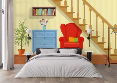 Retro interior living room with bookcase,chair and commode under the stairs. Vector flat style illustration Wall mural