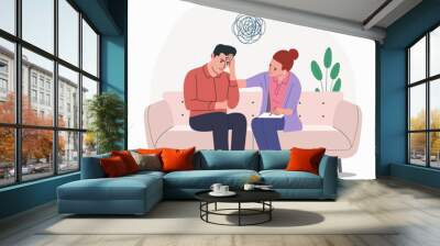 Sad man sitting with his head in his hands.Psychological support. Doldrums concept. Vector flat cartoon  illustration Wall mural