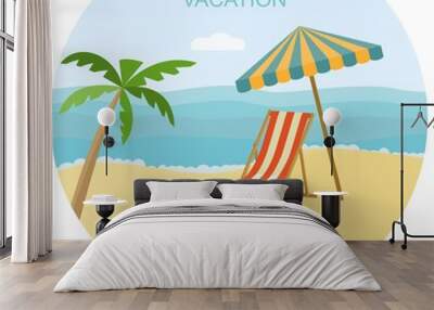 Sea landscape summer beach, palm tree, sun umbrellas, beach chair. Vector flat illustration Wall mural