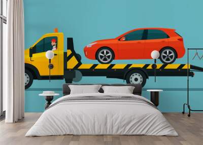 Tow truck with a driver carries a hatchback car. Vector flat style illustration. Wall mural