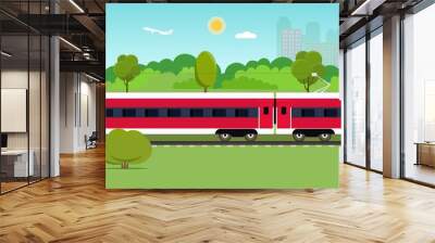 train on railway with forest and city. vector flat style illustration Wall mural