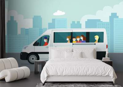 Van car with passengers against the background of an abstract cityscape. Vector flat style illustration. Wall mural