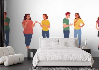 Young men and women talking, gossiping, whispering secrets, telling news. People stand full body. Flat style cartoon vector illustration. Wall mural