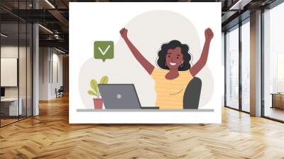 Young woman before the laptop with show Yeah positive gesture, approval gesturing. Flat style cartoon vector illustration. Wall mural