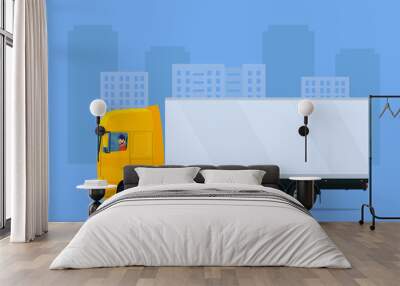 Сargo truck against the background of an abstract cityscape. Vector flat style illustration. Wall mural