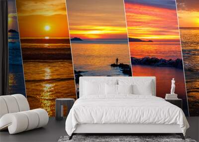 Beautiful collage of tropical sunset images, beach, red orange blue sky, sun and clouds at twilight. Set of pictures with Thai beach in evening. Asian travel, vacation concept Wall mural