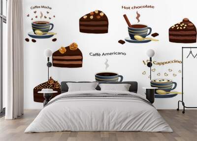 Black coffee americano, coffee cappuccino, hot chocolate and pieces chocolate cake with chocolate cream and nuts isolated on white background. A cup of coffee and chocolate cakes sliced. Vector illust Wall mural