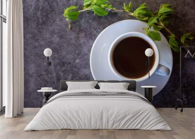 cup of aromatic hot coffee on a dark background flat lay Wall mural