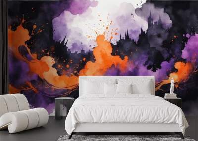 Abstract Halloween watercolor background creating a spooky and mysterious atmosphere in black, orange, and purple Wall mural