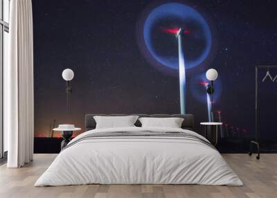 night photo of wind generators and stars with abstract lighting Wall mural