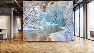 winter landscape with a river at sunset Wall mural