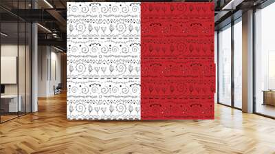 Two festive Christmas patterns - on a transparent and on a red background. Hand drawn black vector ornaments. Wall mural