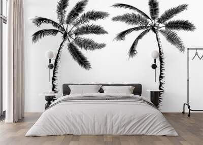 Two palms leaned towards each other. Beautiful tropical composition for banner, print, advertisement, flyer. Black silhouette of trees. Palm tree realistic vector illustration, outline drawing Wall mural