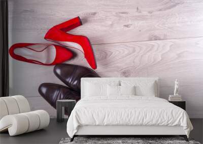 men's and red high heel womens shoes on white background Wall mural