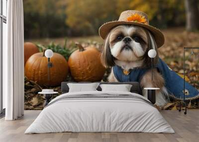 stock photography shihtzu with a scarecrow costume Wall mural