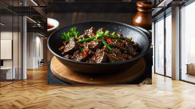 stock photography sizzling black pepper beef prepared aesthetically with a background of wooden table Wall mural