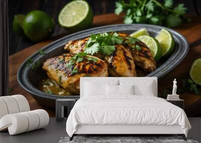 stock photography sizzling cilantro lime chicken prepared aesthetically with a background of wooden table Wall mural