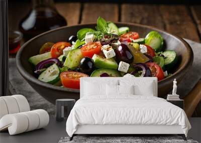 stock photography sizzling greek salad prepared aesthetically with a background of wooden table Wall mural