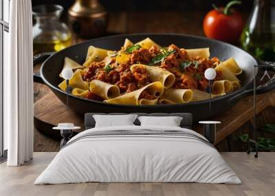 stock photography sizzling pappardelle bolognese prepared aesthetically with a background of wooden table Wall mural