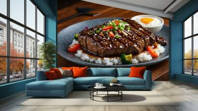 stock photography sizzling teriyaki beef prepared aesthetically with a background of wooden table Wall mural