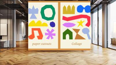 Abstract poster designs. Colorful and irregular shapes. Flat vector illustrations in paper cut style. Collage compositions. Organic and naive artworks for wall art or postcard. Wall mural