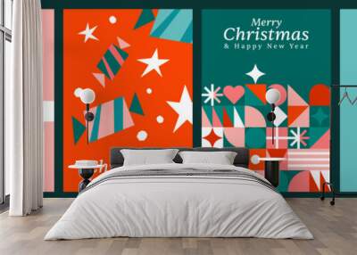 Merry Christmas and Happy New Year greeting card set, Flat vector illustrations for Christmas Wall mural