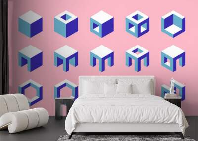 set of isometric cubes. 3d vector geometric shapes. collection of isolated modern architectural elem Wall mural