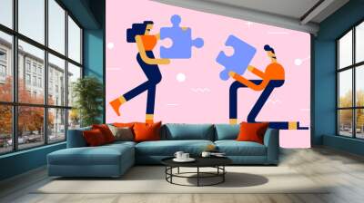 Teamwork flat vector illustration. Collaboration between two office colleagues. A woman and a man put together the pieces of a puzzle. Wall mural