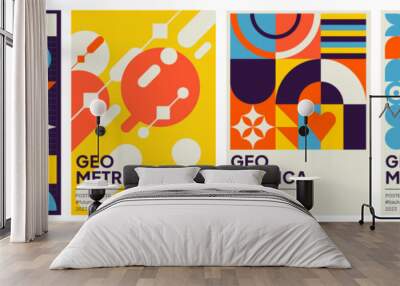 Trendy, abstract, geometric and colorful poster set with basic shapes, influenced by Swiss style. Wall mural