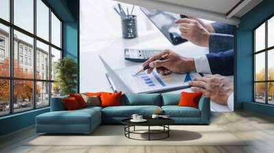 Using tablet pc, Consultant between bookkeepers and accounting lawyer consultation about asset, balance sheet, stock market statistics and yearly tax law, protect business from bribery. Wall mural