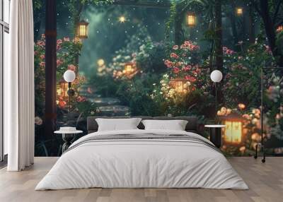 A captivating garden alley bathed in the warm light of lanterns, surrounded by an abundance of flowers and a sprinkling of fairy dust. Magical Garden Alley with Warm Lantern Lights

 Wall mural