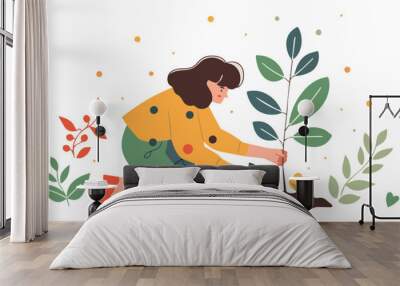 A gentle illustration of a woman nurturing a young tree, symbolizing growth and care for the environment, set against a soft, pastel background.
 Wall mural