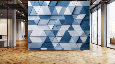 A geometric pattern of blue and white triangles on the wall, creating an abstract background with modern design elements. Wall mural