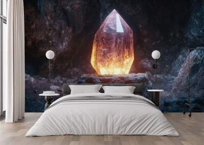 A mysterious, glowing crystal resting on a stone pedestal  Wall mural