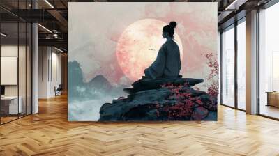 A peaceful illustration of a woman sitting in the mountains meditating, Chinese meditation illustration with the sun mountains and a sakura tree Wall mural