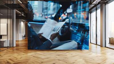 A well-dressed man reads the newspaper inside an autonomous vehicle with city lights reflecting on the car's interior. Businessman Reading Newspaper in Autonomous Car

 Wall mural