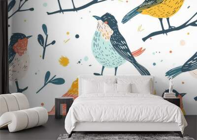 Abstract animal birds seamless pattern banner, wallpaper for kids, bright pastel colors over beige background. Wrapping paper for presents. Baby linen, clothes and products for children Wall mural