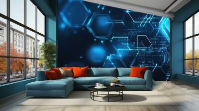 Abstract blue background with hexagonal shapes and glowing elements on the right side for a technology  Wall mural