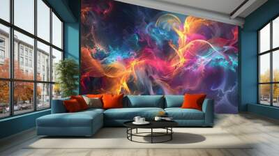 Abstract Swirls of Colorful Smoke Art A vibrant abstract image featuring intertwining swirls of colorful smoke, creating a dynamic and fluid art piece.

 Wall mural