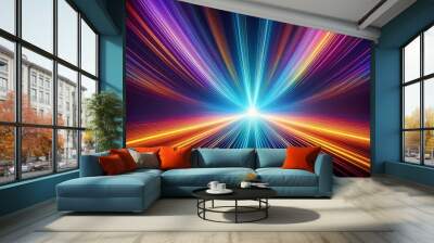 Abstract vibrant light trails converging towards a bright center, creating a dynamic and futuristic visual effect Wall mural